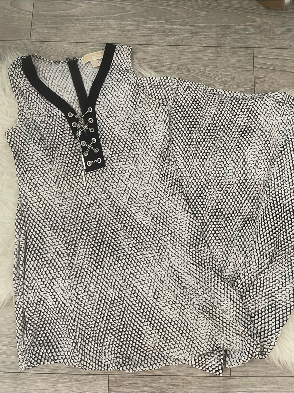 Michael Kors Black and White Lace-Print V-Neck Tank with Lace-Up Detail
